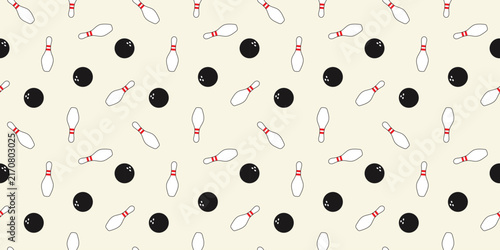 Classic white bowling pins and black balls seamless pattern background for sports recreation tournament vector design