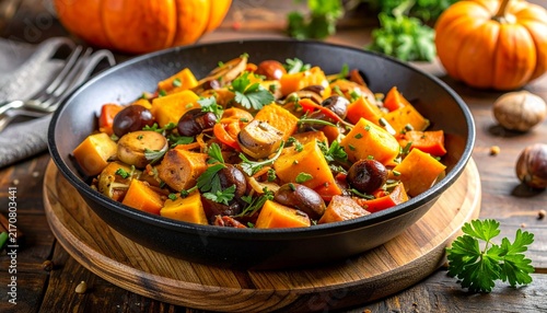 Herbstliche Gemüsepfanne mit Kürbis, Pilzen und Maronen