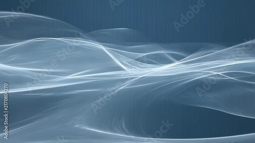 Blue and white light waveforms flow and undulate smoothly over a dark blue gradient background. Abstract background features light waveforms and flowing lines with rhythmic movement.