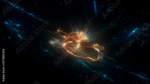 Glowing golden yellow and blue particles flow and expand across a dark abstract digital space. Flowing animated background for media, visual effects and abstract art display.