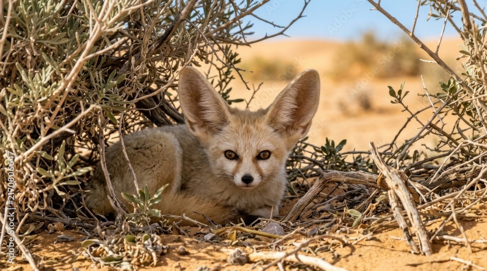 Naklejka premium Desert Fennec Fox: A small fennec fox with oversized ears peeks out from behind desert scrub, its large eyes alert and observant in the arid landscape.