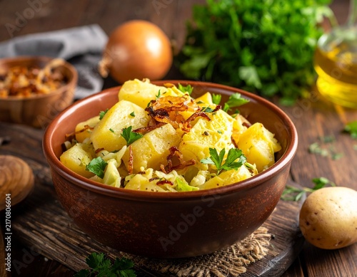 Rahmwirsing mit Kartoffeln und gebratenen Zwiebeln