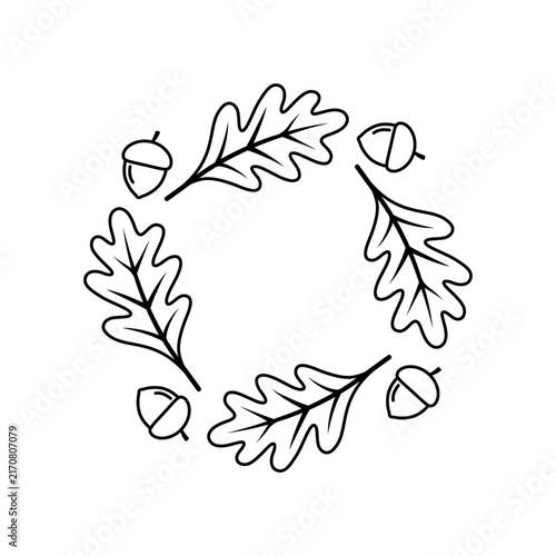 Circular wreath illustration made of oak leaves and acorns in a clean minimal line style. Suitable for nature themes, autumn designs, botanical elements, forest motifs, and decorative graphics.