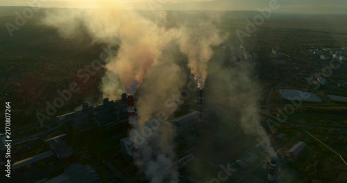Aerial View. Emission to the Atmosphere from Industrial Pipes. Smokestack Chimneys. Industrial Background of Metallurgical Production Factory