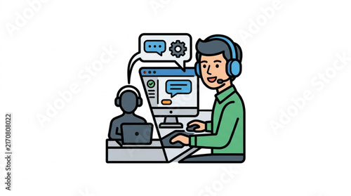 Customer service agent assisting client with headset and computer interface.