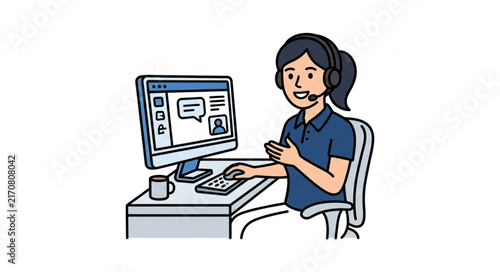 Customer service representative wearing headset working on computer at desk.