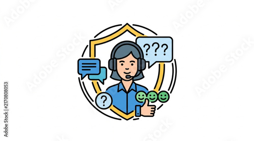 Customer service representative with headset and feedback icons.