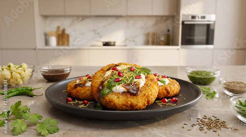 Crispy Indian Aloo Tikki Chaat Served on Ceramic Plate with Chutneys. Traditional Potato Patties Topped with Yogurt Mint Tamarind Chutney and Sev.