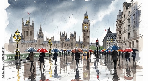Watercolor illustration city scene rainy day