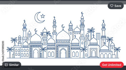 Foto Islamic line art illustration of a detailed mosque city skyline with minarets do