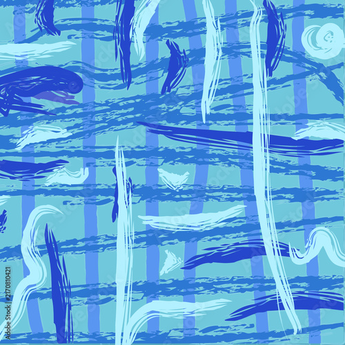 Light blue and navy abstract brush stroke plaid seamless pattern. Expressive hand-drawn painterly grunge background. Creative artistic coastal design for packaging, textiles, wallpaper.