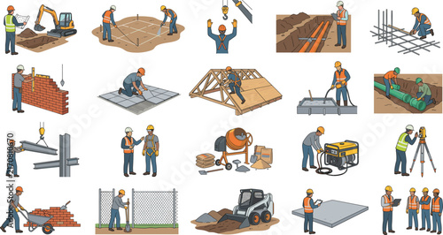 Collection of construction worker illustrations with heavy machinery and building tasksCollection of construction worker illustrations with heavy machinery and building tasks