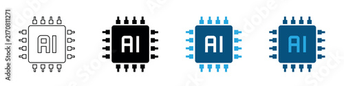 AI chip icon set, artificial intelligence processor and circuit symbols