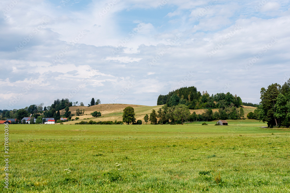 Naklejka premium Expansive rural landscape featuring green fields, rolling hills, scattered trees, and a distant vill