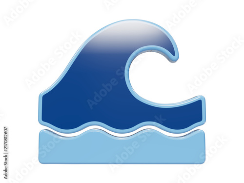 3D glossy blue ocean wave icon with a curved crest and horizontal base shape isolated on a transparent background