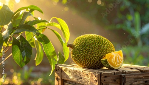 Fresh Jackfruit on Wooden Surface with Green Leaves.