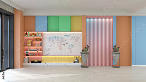 Foto 3D rendering of a bright and colorful pastel modern interior empty room