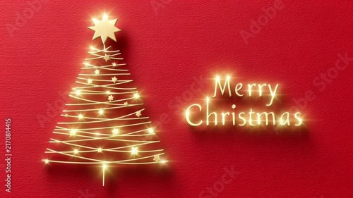 ?Glowing golden christmas tree animation on red background with merry christmas message