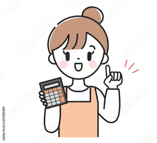 電卓を持った指差しポーズの主婦
