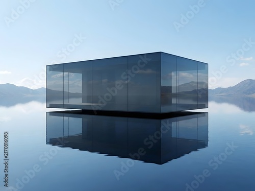 Minimalist modern glass house floating on a calm reflective water surface under a clear sky