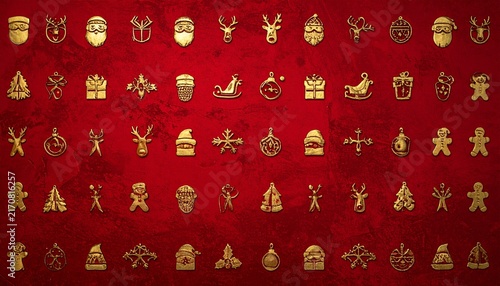Gold holiday icons on red background