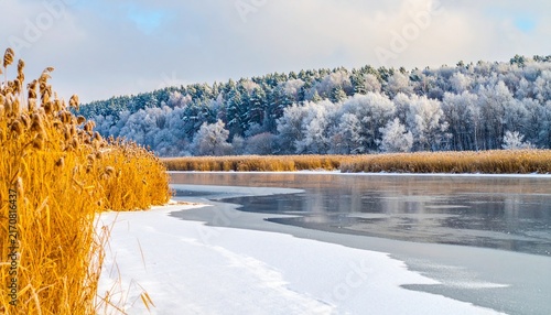 Frozen river with reeds and snowy forest