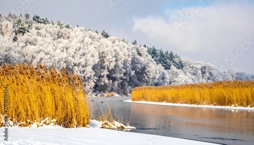 Frozen river with reeds and snowy forest