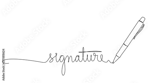 animated continuous line drawing of handwritten word signature and ballpoint pen, line art animation