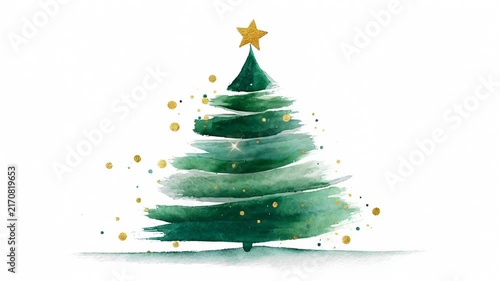 ?Elegant watercolor christmas tree with falling gold stars animation