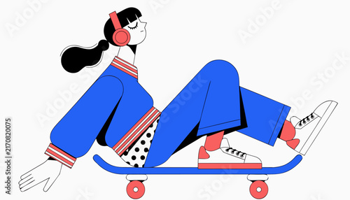 Young woman sitting on a skateboard listening to music in a modern minimalist flat vector illustration style