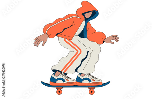 Modern Illustration of a Trendy Skater Wearing an Orange Hooded Jacket Riding a Skateboard Isolated on White