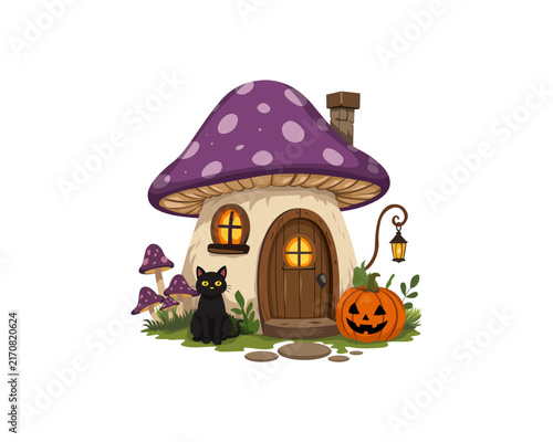 Cartoon Halloween mushroom house illustration with black cat and pumpkin isolated on white