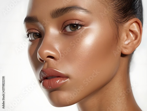Natural Beauty Portrait with Glowing Skin on Bright Background