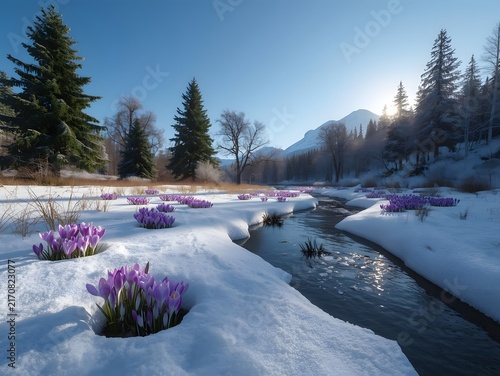Purple Crocuses Blooming Through Snow in Sunny Winter Meadow