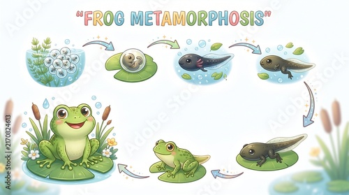 The amazing life cycle of a frog, from tadpole to amphibian, illustrated in stages of metamorphosis
