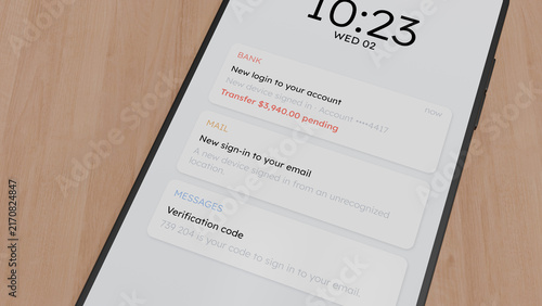 Foto Verification code and account takeover alerts on a smartphone lock screen, email
