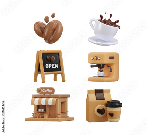 3D Coffee Shop Collection with Coffee Beans, Coffee Cup, Coffee Bag, Street Billboard, Coffee Machine and Cafeteria vector illustration