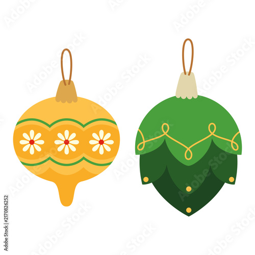 Set of two vintage Christmas tree ornaments. Vector illustration on a white background in a flat style.