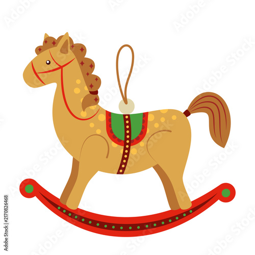 Vintage Christmas tree ornament, rocking horse. Flat style vector illustration for holiday decoration.