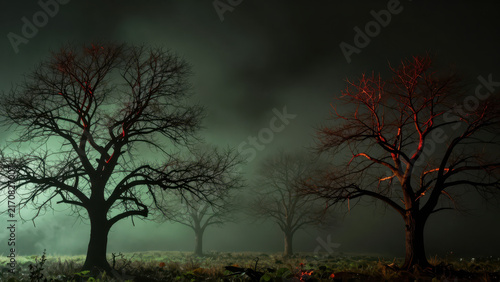 Halloween tree fog night silhouette eerie landscape forest create haunted atmosphere beneath dark sky, with bare branch and crimson light glowing through dense mist