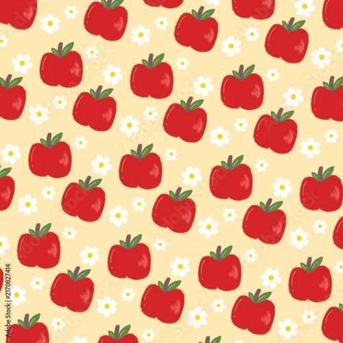 Hand Drawn Apple and Daisy Seamless Pattern