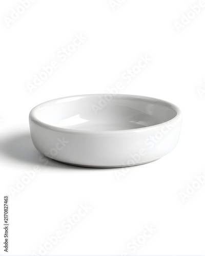 Minimal white ceramic spice bowl with shallow profile, tableware accessory isolated on white background