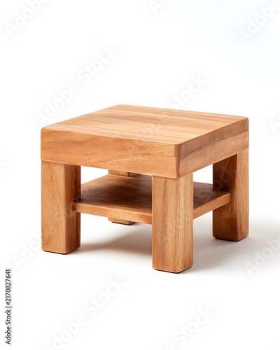 Minimal wooden footstool with square top, furniture item isolated on white background