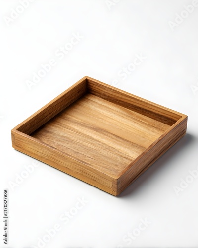 Minimal wooden serving tray with raised edges, kitchenware isolated on white background