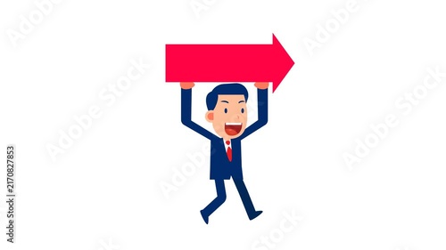 Businessman walking and holding red arrow
