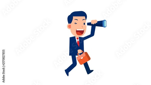 Animated businessman walking with telescope on representing vision strategy and future planning