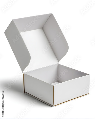Minimalist white cardboard gift box with magnetic flap, luxury packaging isolated on white background