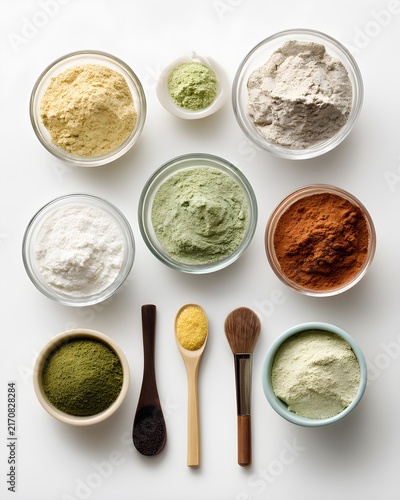 Natural face mask ingredients arranged neatly, skincare raw materials isolated on white background