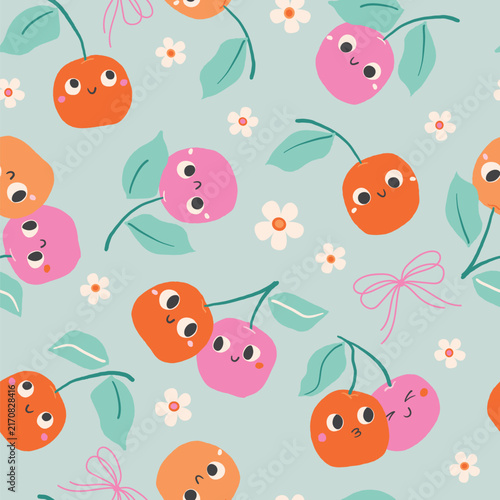 Seamless vector pattern featuring cute, kawaii-style cherries with friendly faces.