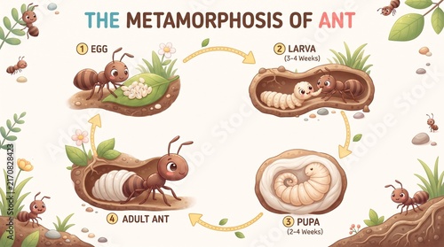 Educational cartoon infographic showing the biological life cycle stages of an insect colony member from egg and larva to pupa and fully grown adult